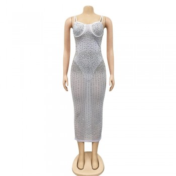  Sexy Sequin Glitter Crystal Midi Dress Vestido Women Sleeveless Strap Bodycon See Through